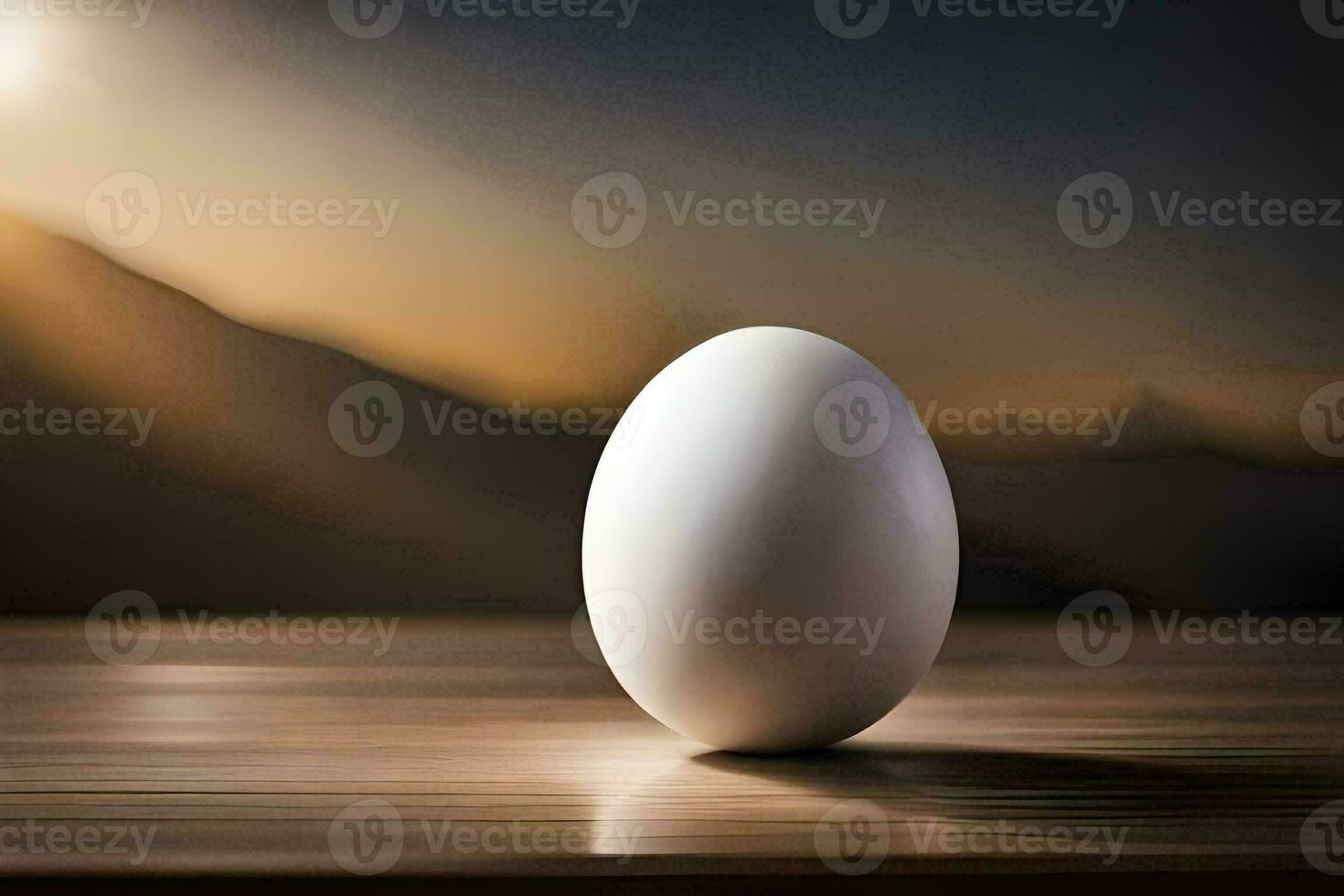 an egg on a table in front of a mountain. AI-Generated photo