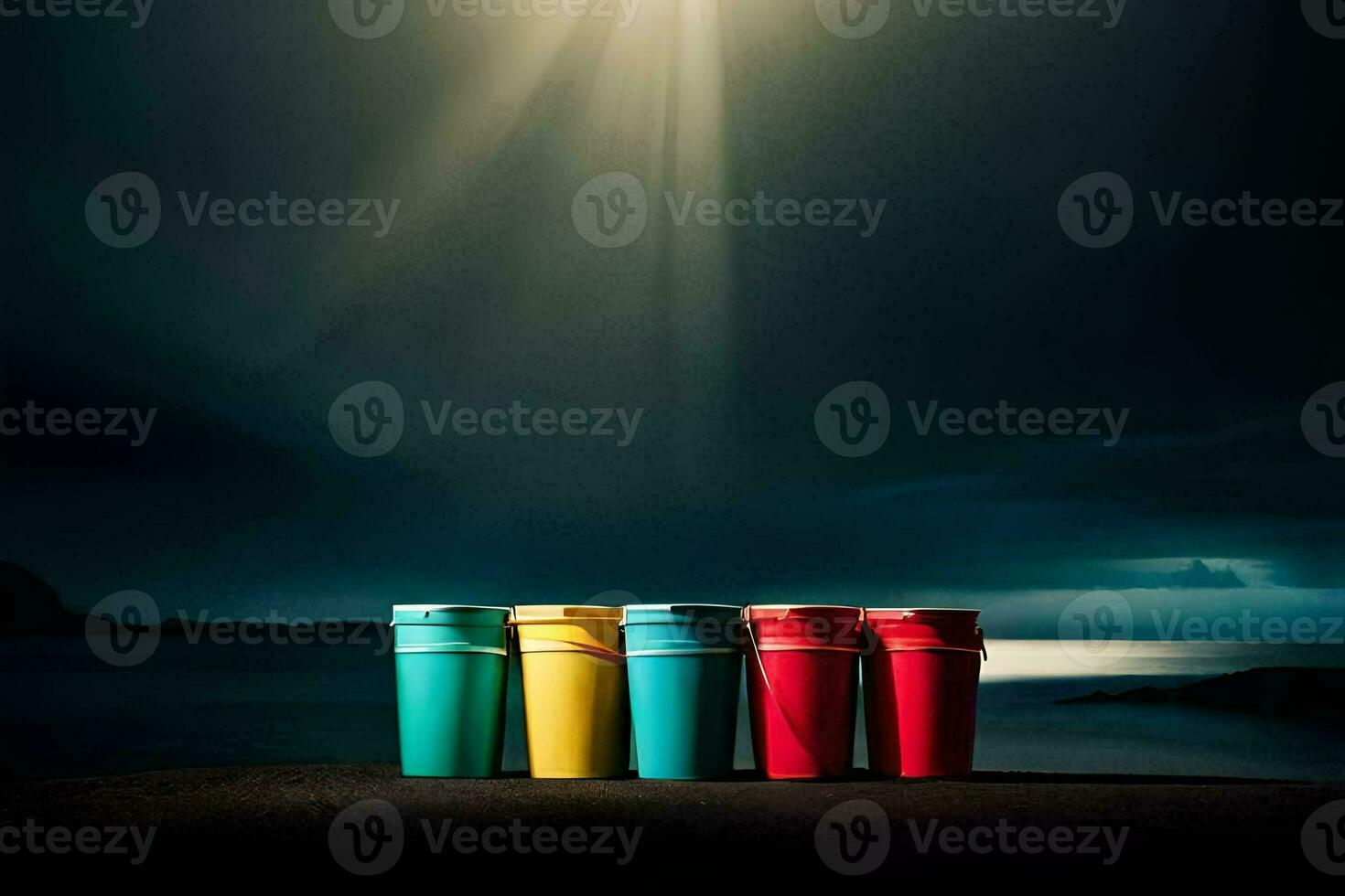 a group of colorful cups sitting on a rock. AI-Generated photo
