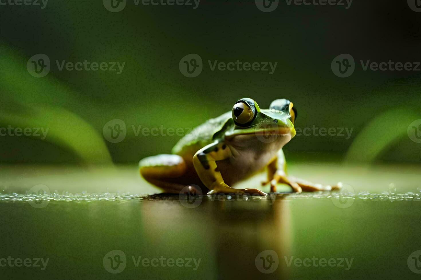 a frog sitting on a surface with green leaves. AI-Generated photo