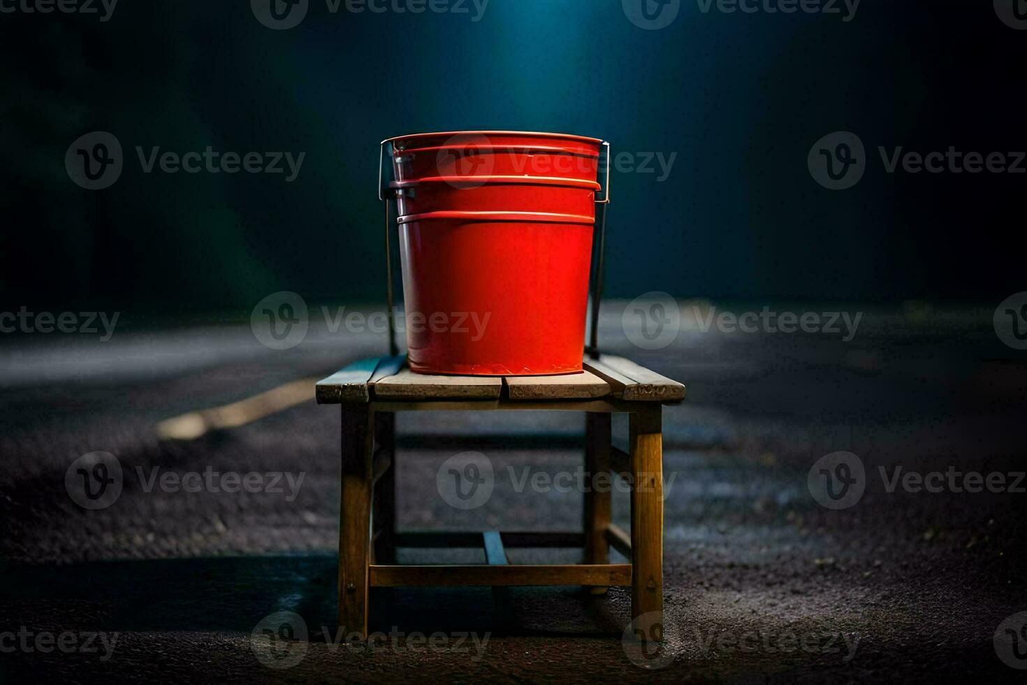 a red bucket sitting on a wooden bench at night. AI-Generated photo