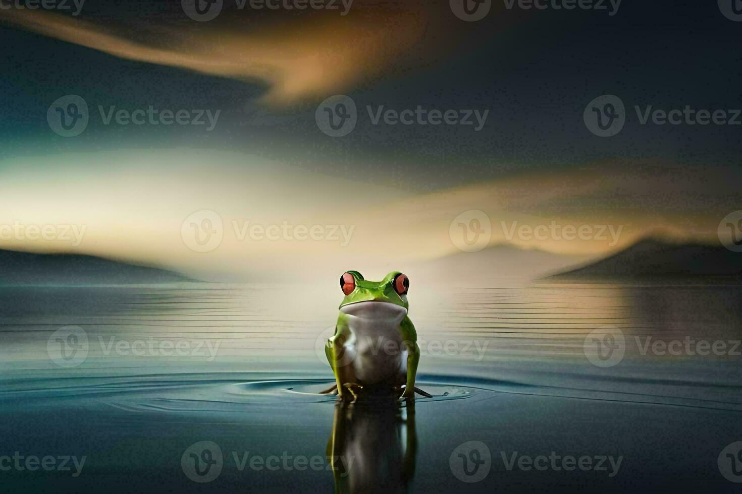 a frog sitting on the edge of a lake. AI-Generated photo