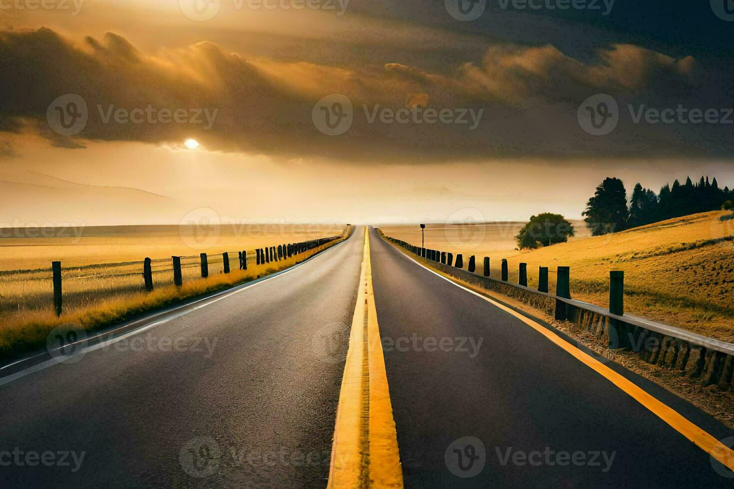 a long road with a sun setting over it. AI-Generated photo