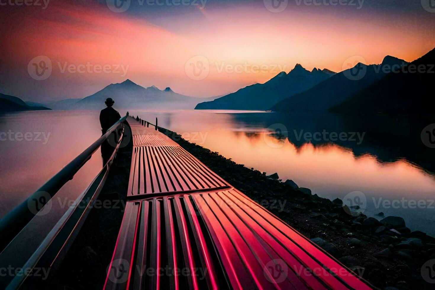 a man stands on a pier looking at the mountains and water. AI-Generated photo