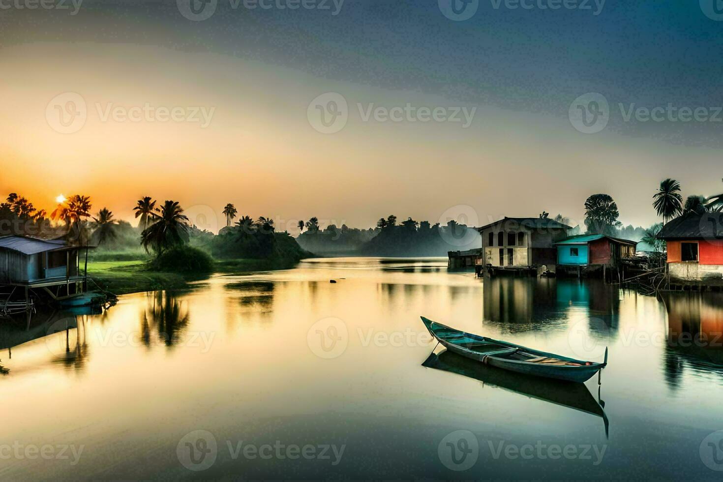 a boat is docked on the water in front of a small village. AI-Generated photo