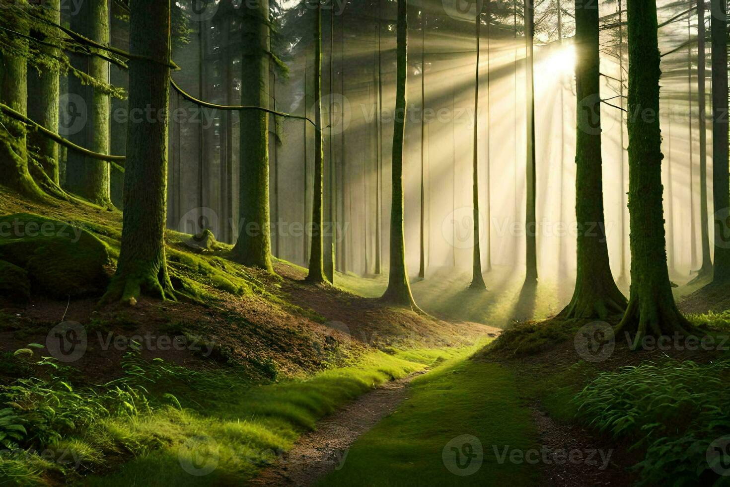 a path through a forest with sunbeams shining through the trees. AI-Generated photo