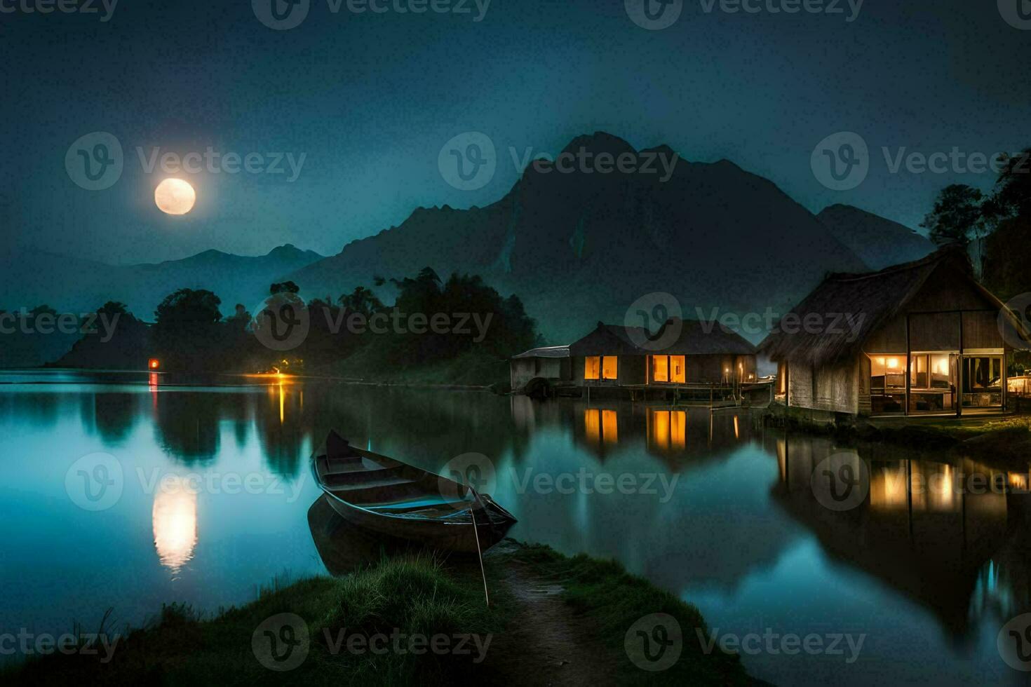 the moon rises over the lake. AI-Generated photo