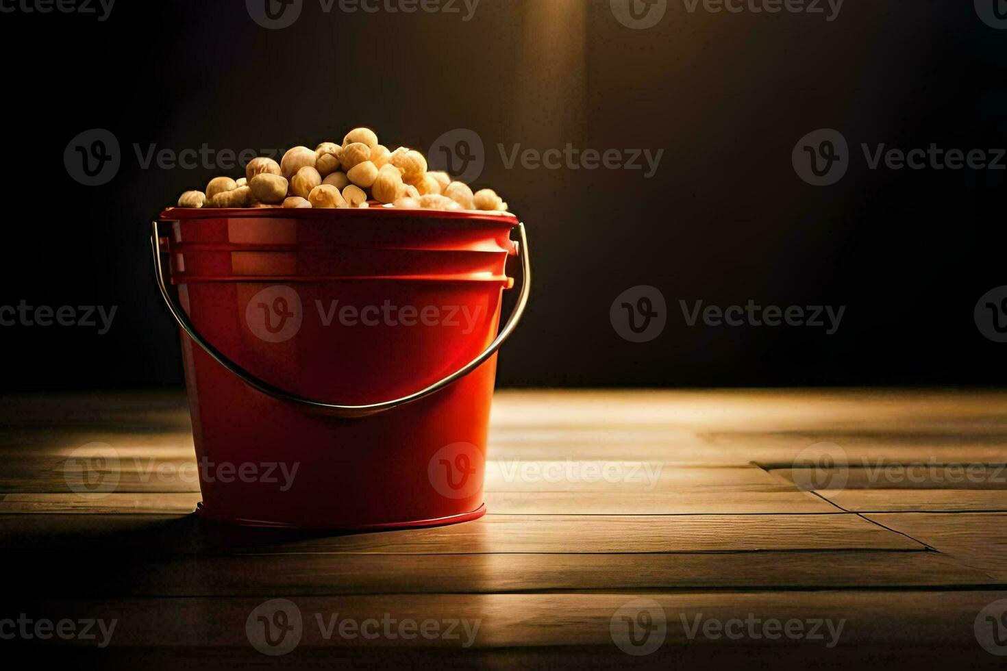 a bucket of popcorn on a wooden table. AI-Generated photo