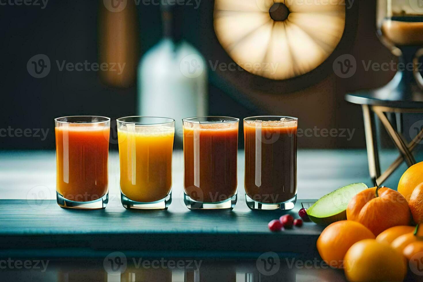 four glasses of juice on a table. AI-Generated photo