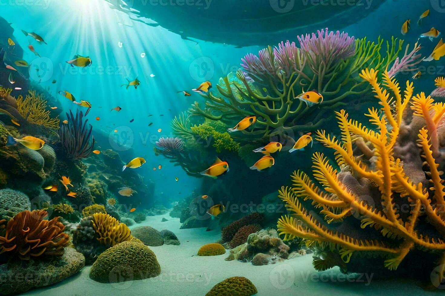 a coral reef with many colorful fish. AI-Generated photo