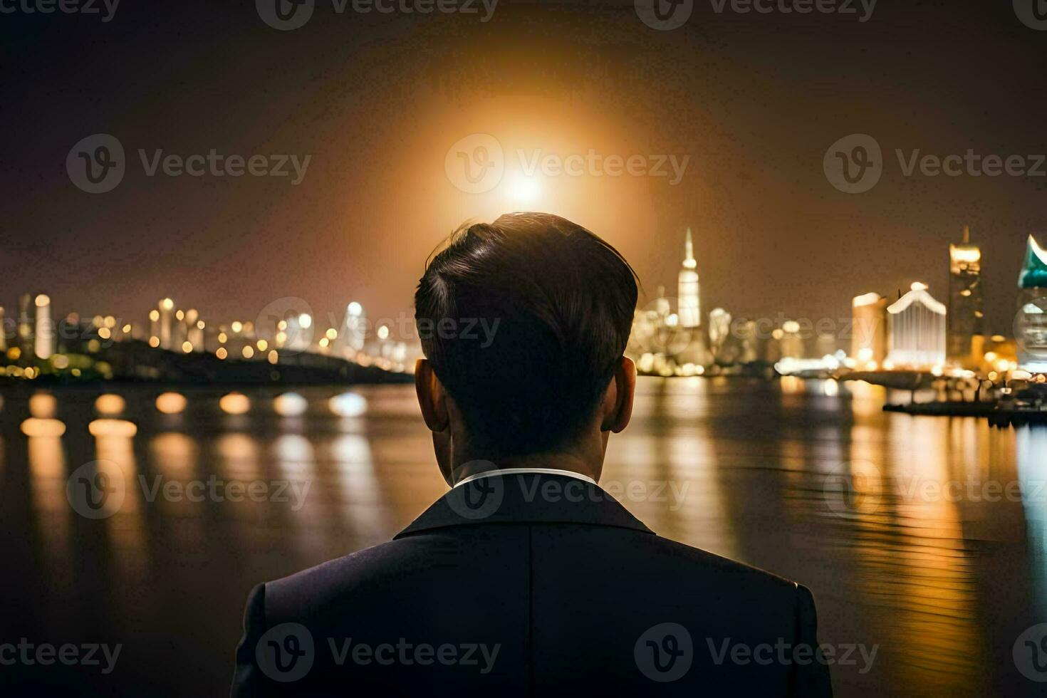 a man in a suit looking at the city at night. AI-Generated photo