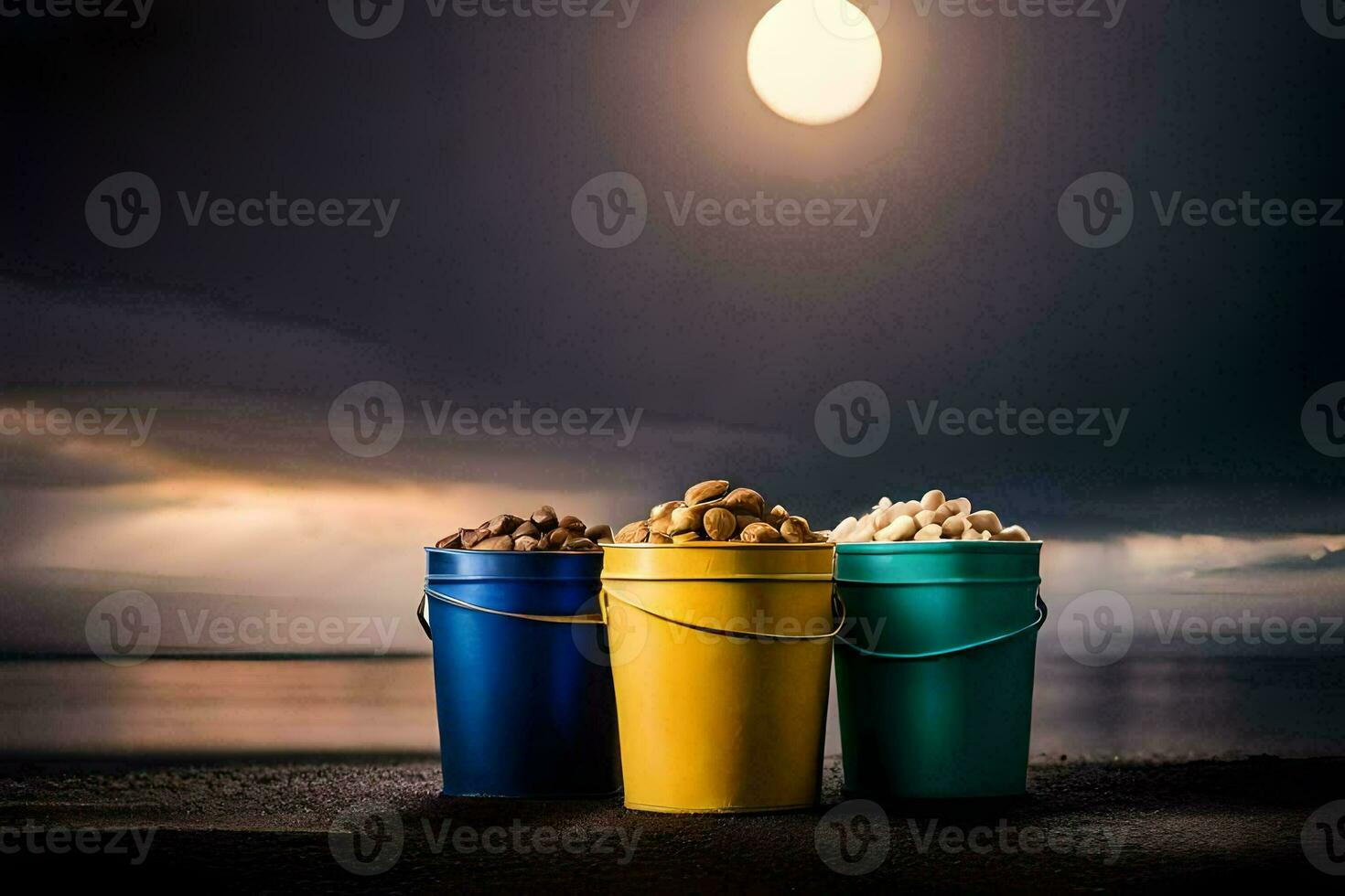 three buckets of nuts on the beach with a full moon. AI-Generated photo