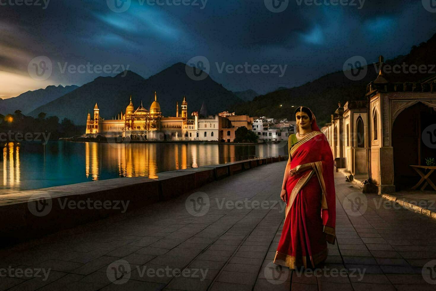 a woman in a red sari stands in front of a lake at sunset. AI-Generated photo