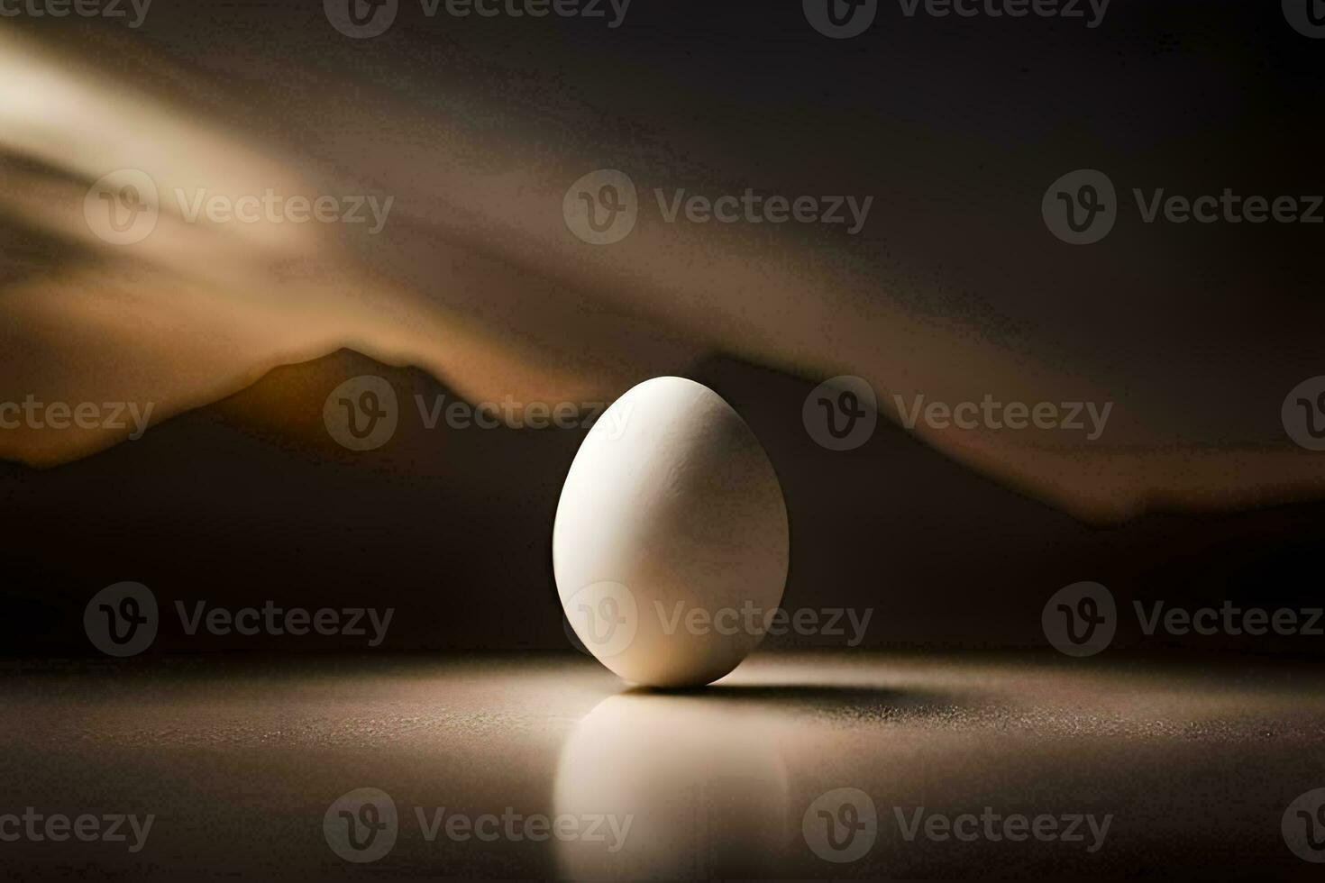 an egg sitting on a table in front of a mountain. AI-Generated photo