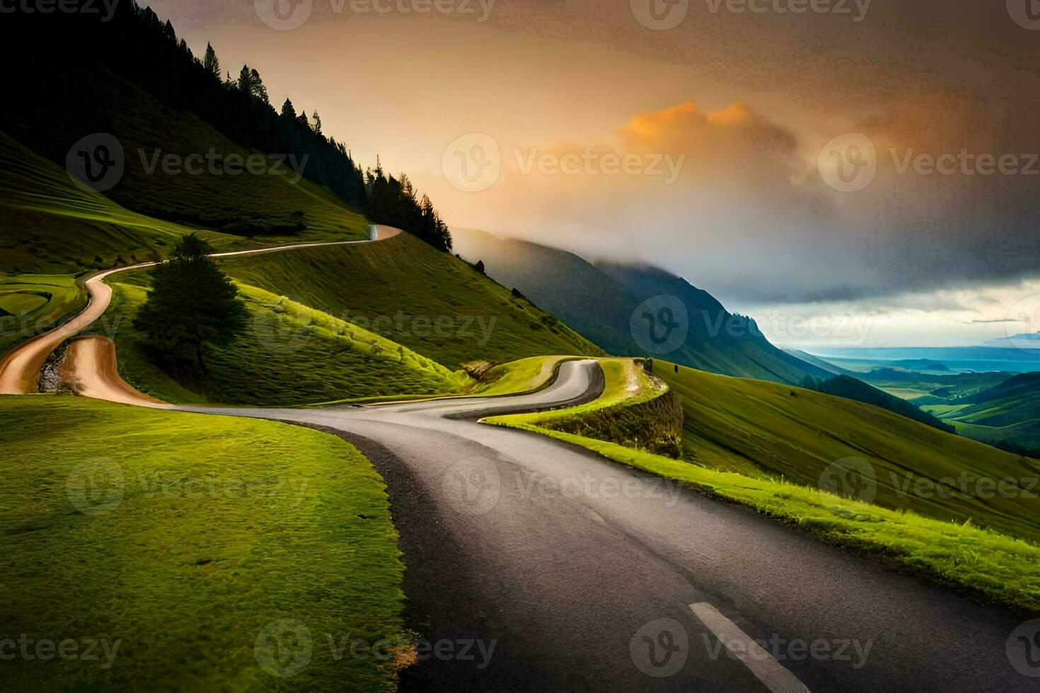 a winding road in the mountains with a cloudy sky. AI-Generated photo