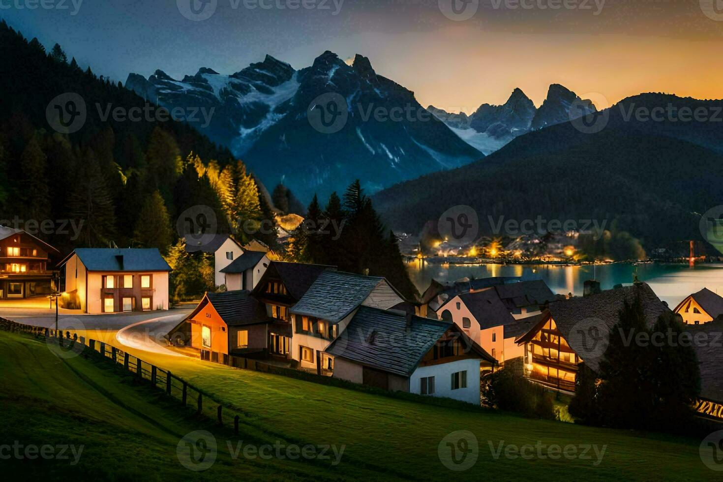 photo wallpaper the sky, mountains, lake, house, mountains, house, the sky, the. AI-Generated