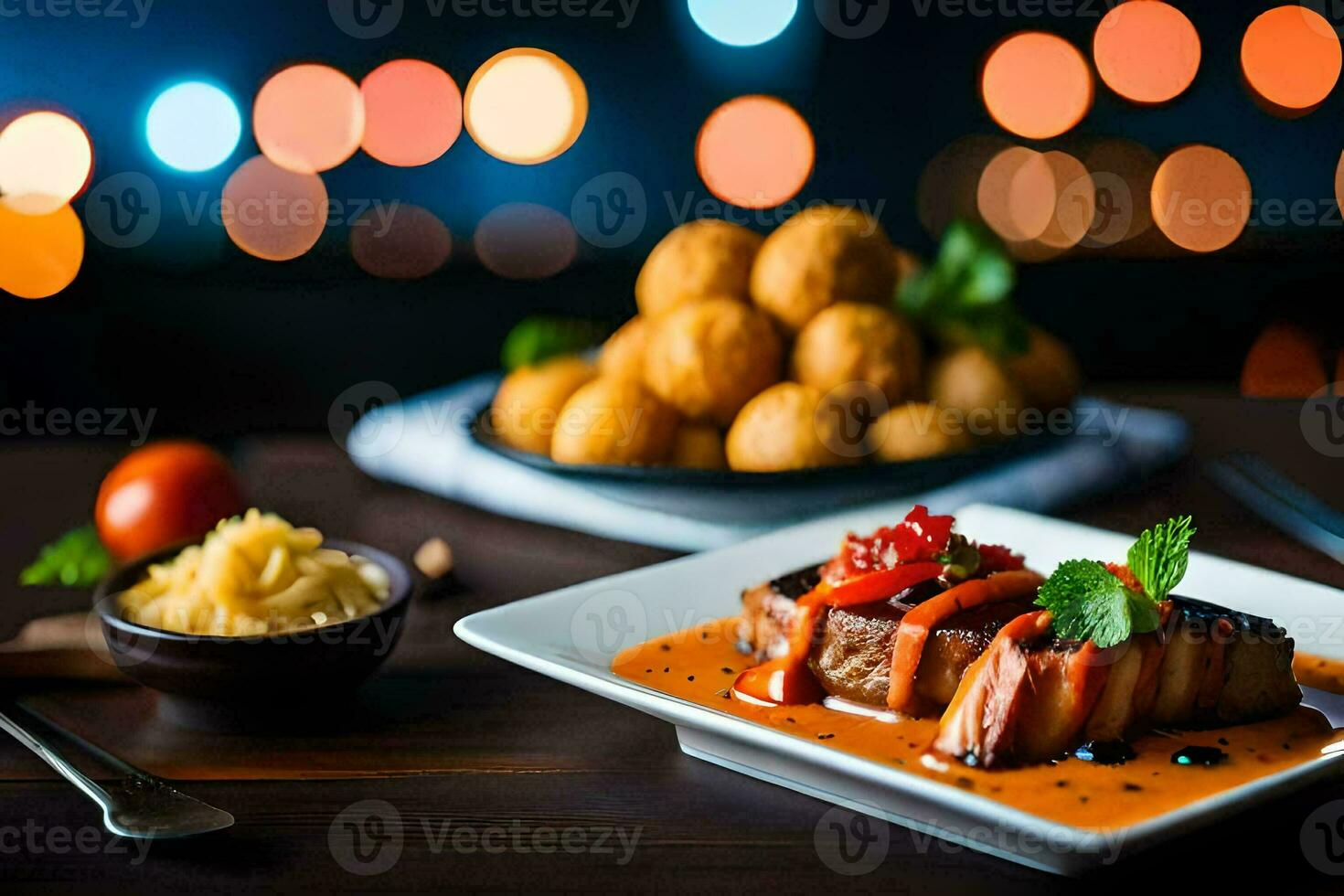 un plato de comida con carne y vegetales. generado por ai foto