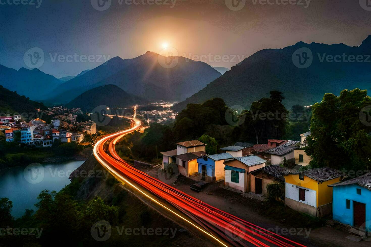 un largo exposición foto de un la carretera y casas en el montañas. generado por ai