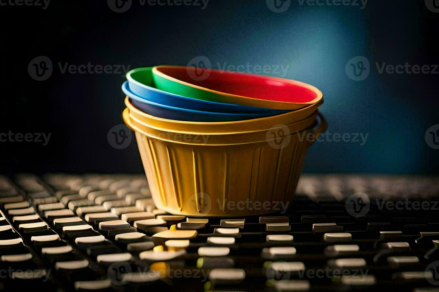 a bucket of colorful plastic cups sitting on top of a keyboard. AI-Generated photo