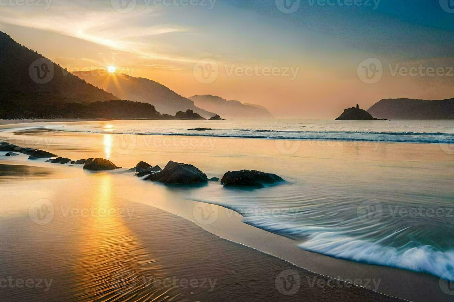 the sun sets over the ocean and rocks on the beach. AI-Generated photo