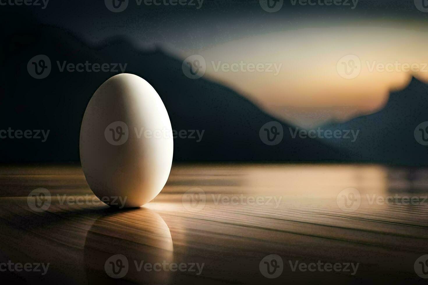 an egg sitting on a table in front of a mountain. AI-Generated photo