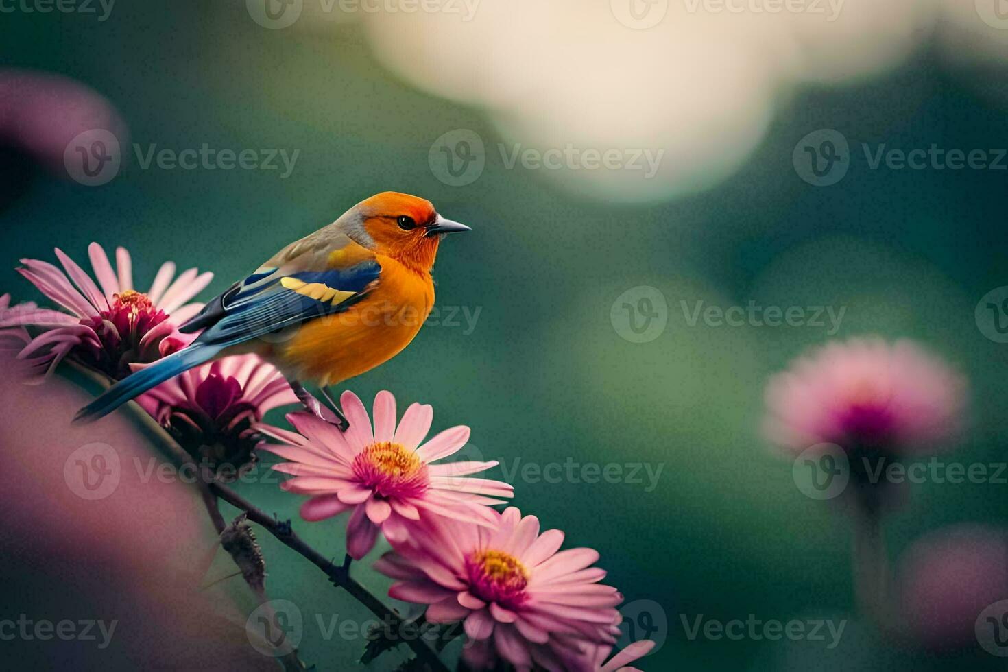 a bird sits on a pink flower. AI-Generated photo