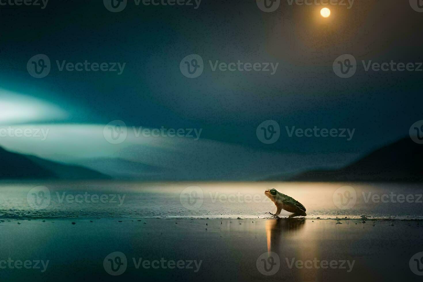 a frog sitting on the shore of a lake at night. AI-Generated photo