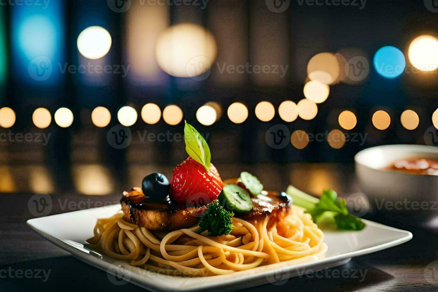 a plate of spaghetti with berries and tomatoes. AI-Generated photo