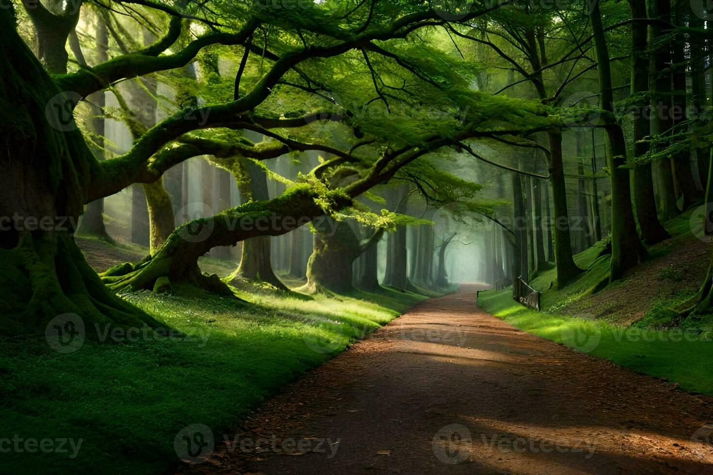 un camino mediante un verde bosque con arboles generado por ai foto