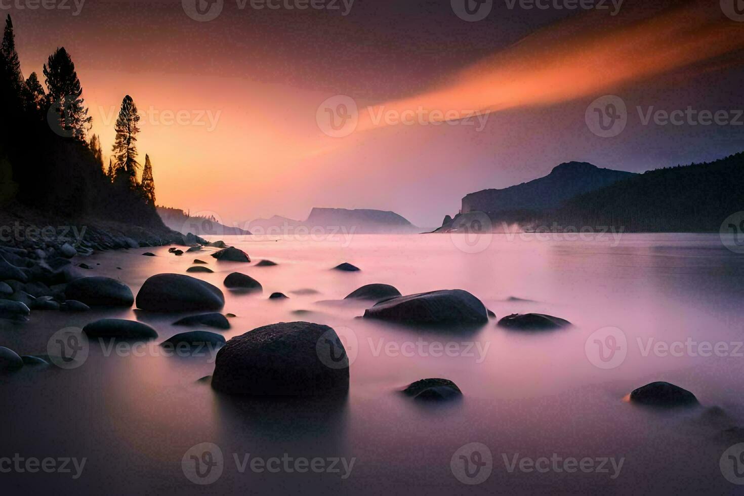 a beautiful sunset over a lake with rocks and trees. AI-Generated photo