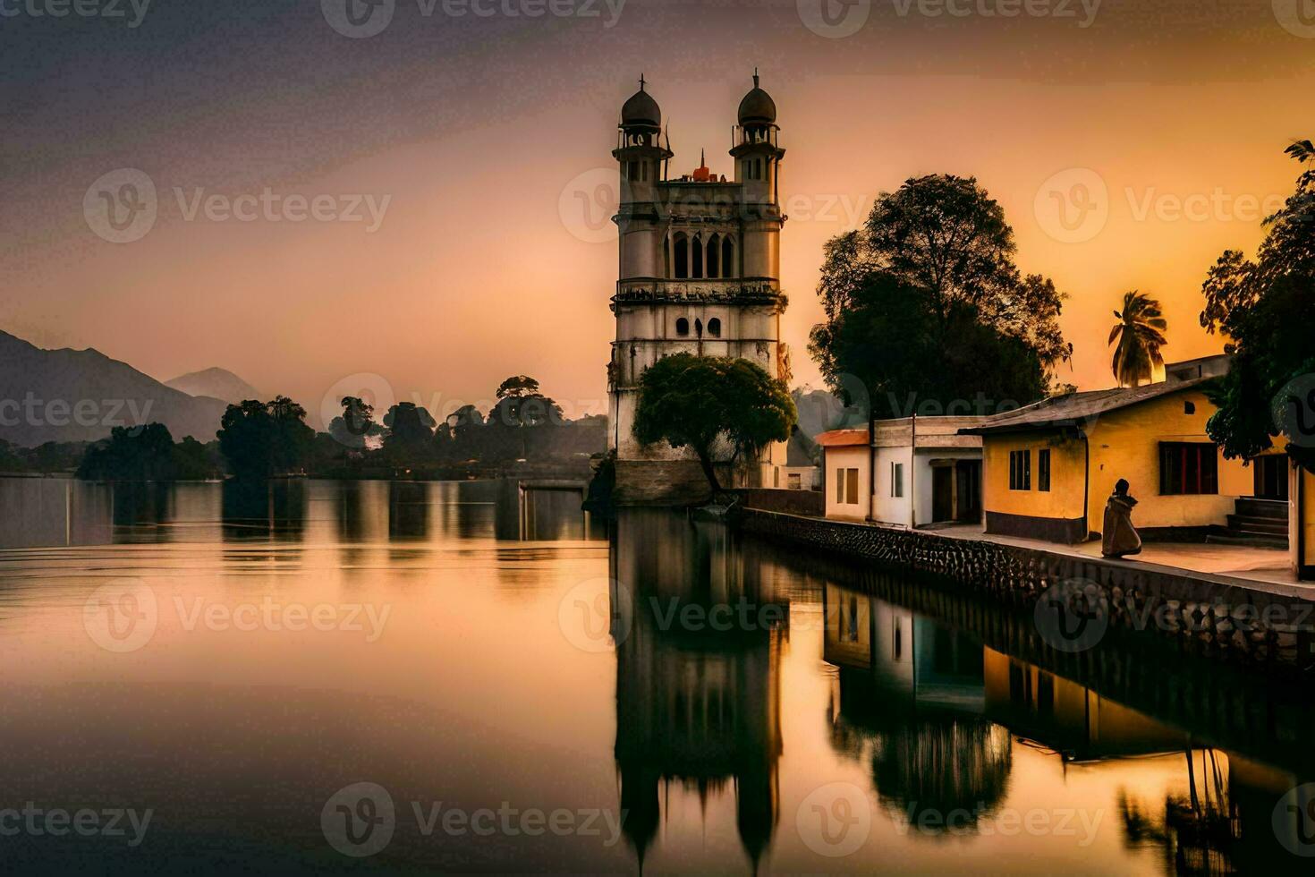 un hermosa puesta de sol terminado un lago con un Iglesia en el antecedentes. generado por ai foto