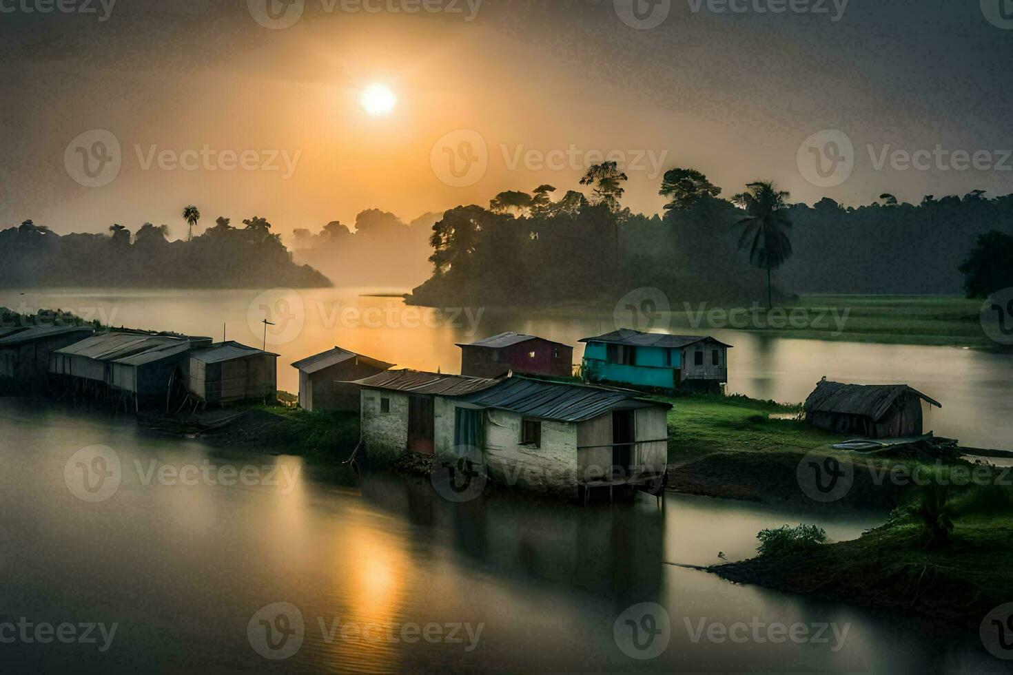 a river with houses on the shore at sunrise. AI-Generated photo