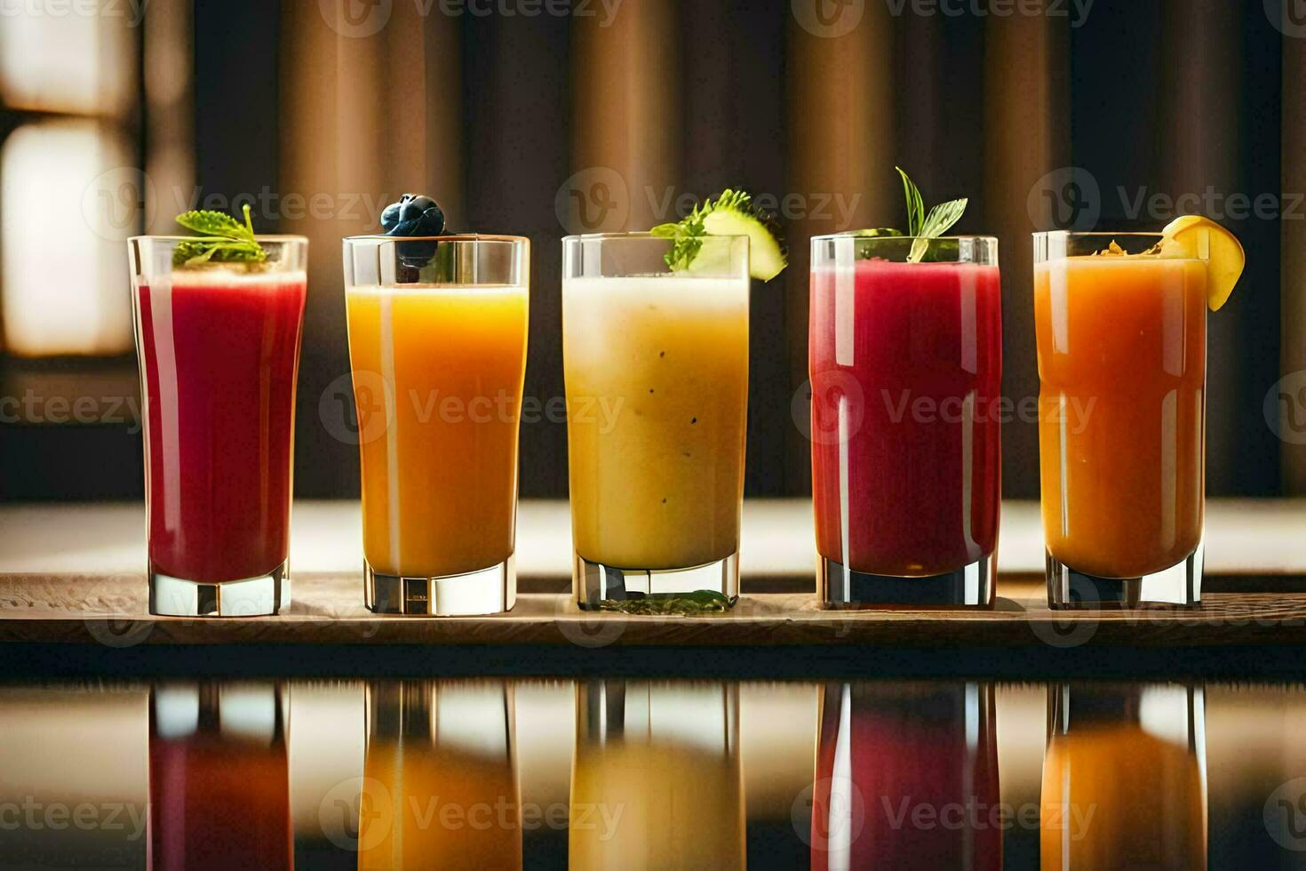 five different types of juices are lined up on a table. AI-Generated photo