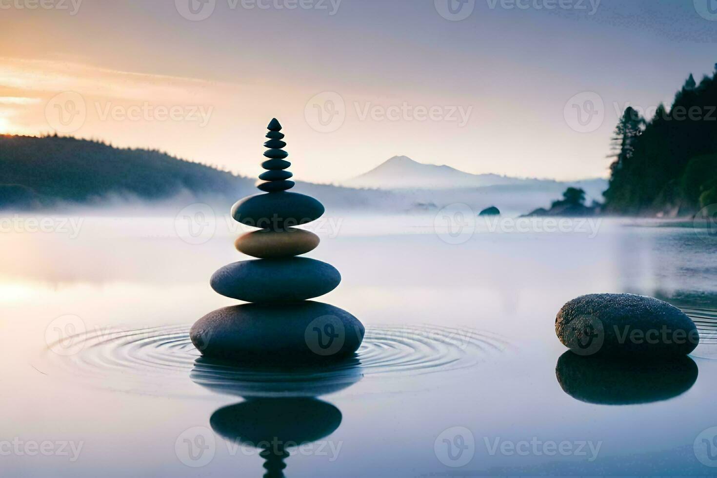 apilado rocas en el agua a amanecer. generado por ai foto