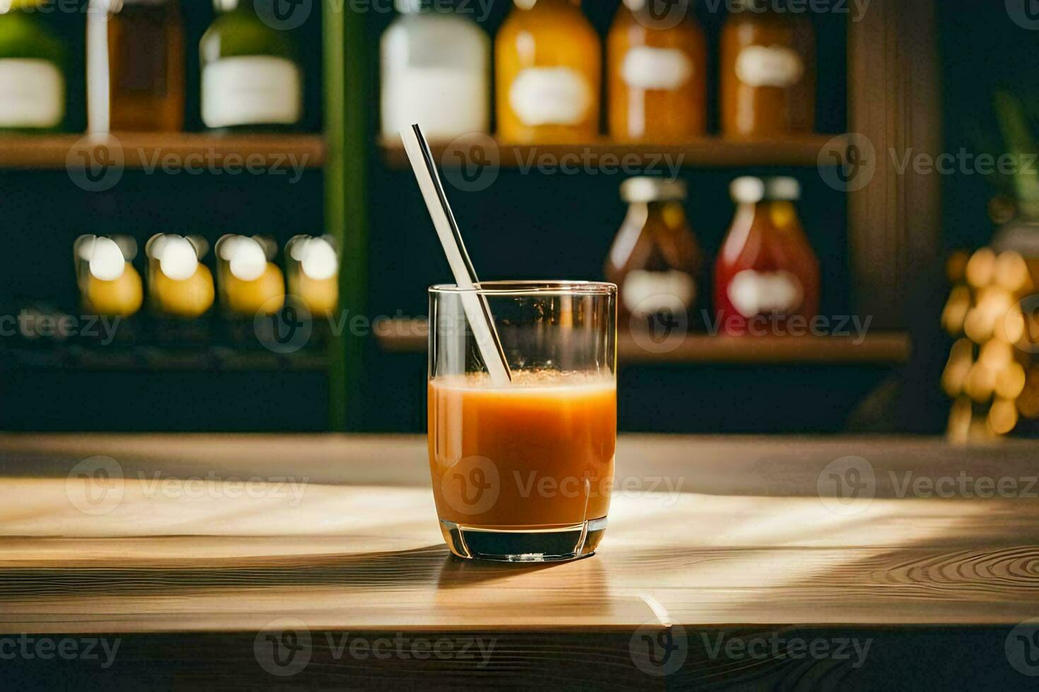 a glass of orange juice on a wooden table. AI-Generated photo