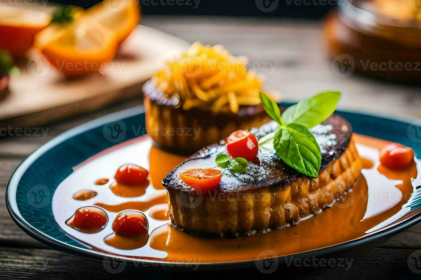 a plate with a dessert on it. AI-Generated photo