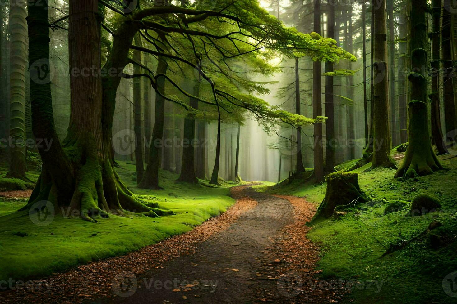 a path through a green forest with trees and grass. AI-Generated photo