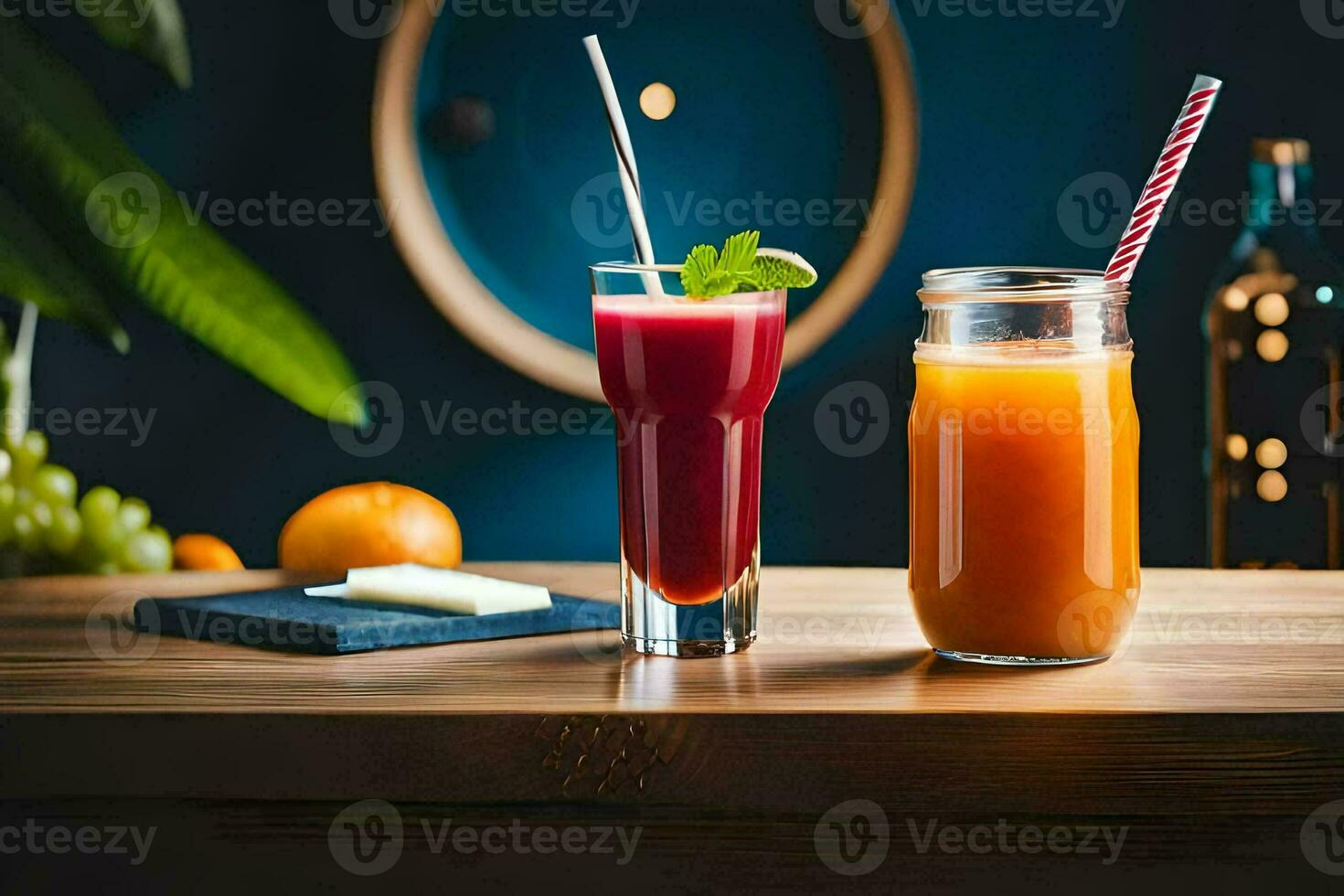 two glasses of juice on a wooden table. AI-Generated photo