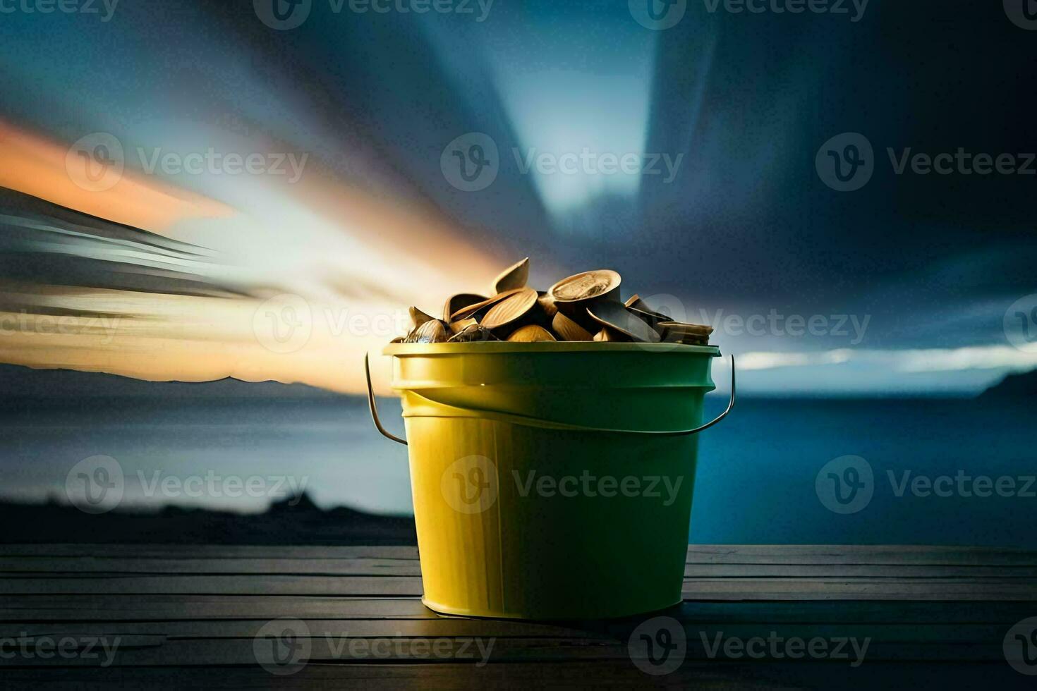 a bucket of coins on a wooden table. AI-Generated photo