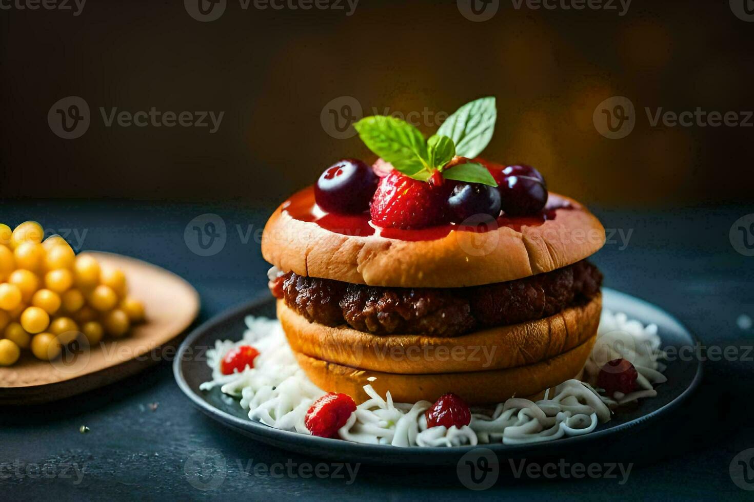 a hamburger with berries and cherries on top. AI-Generated photo