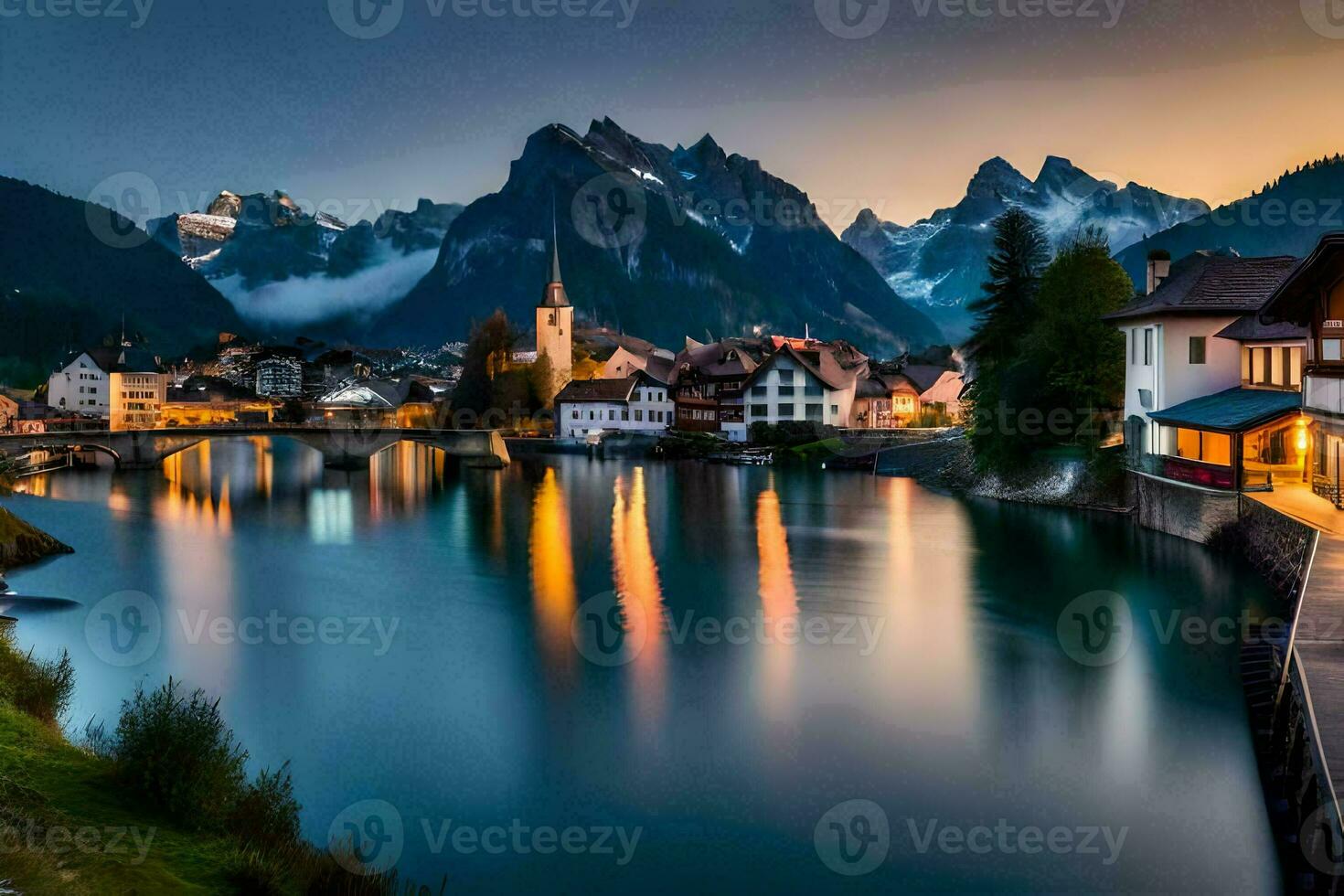 a river and mountain town at dusk. AI-Generated photo