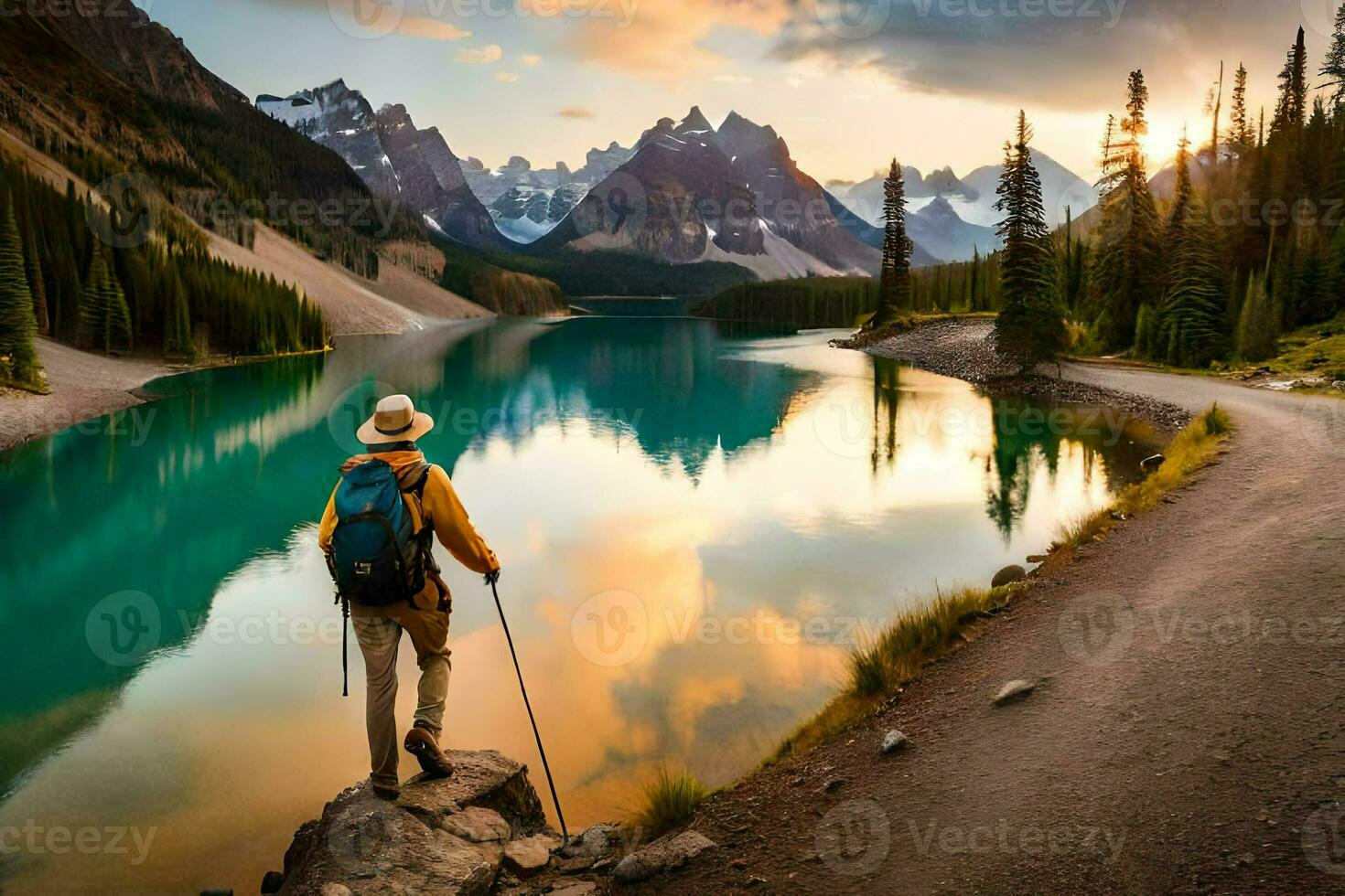 un hombre con un mochila y excursionismo polos soportes en un rock con vista a un lago. generado por ai foto