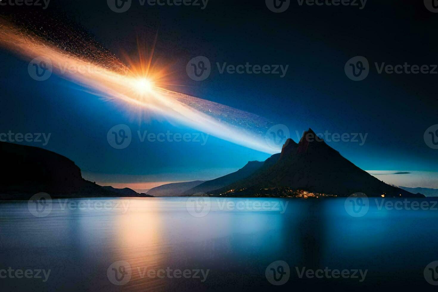 a comet is seen in the sky over a mountain. AI-Generated photo