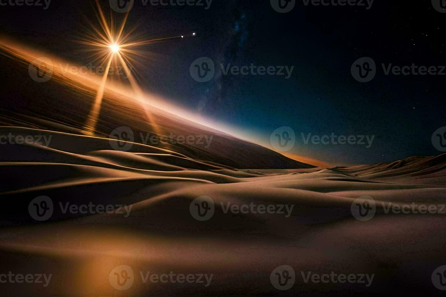 the sun shines over a sand dune in the desert. AI-Generated photo