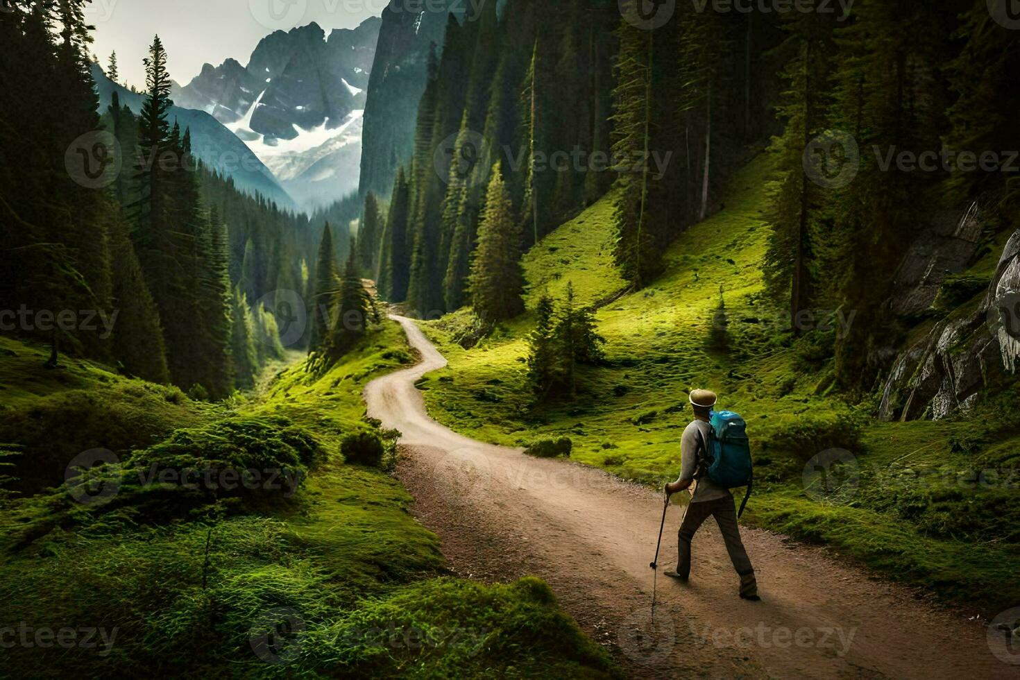 a man with a backpack walking down a path in the mountains. AI-Generated photo