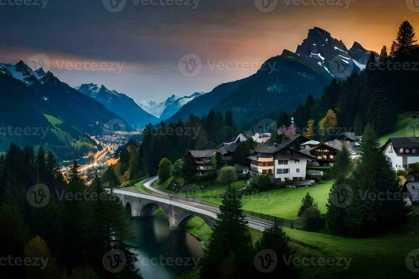 el pueblo de Suiza es rodeado por montañas y un río. generado por ai foto