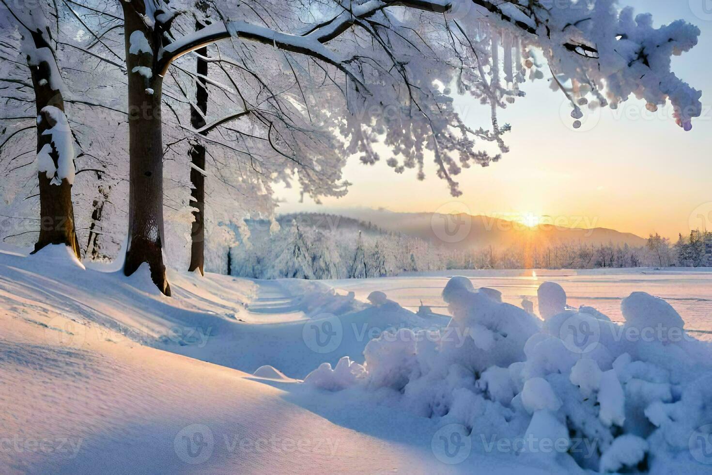winter is coming, the sun is setting over a snowy field. AI-Generated photo