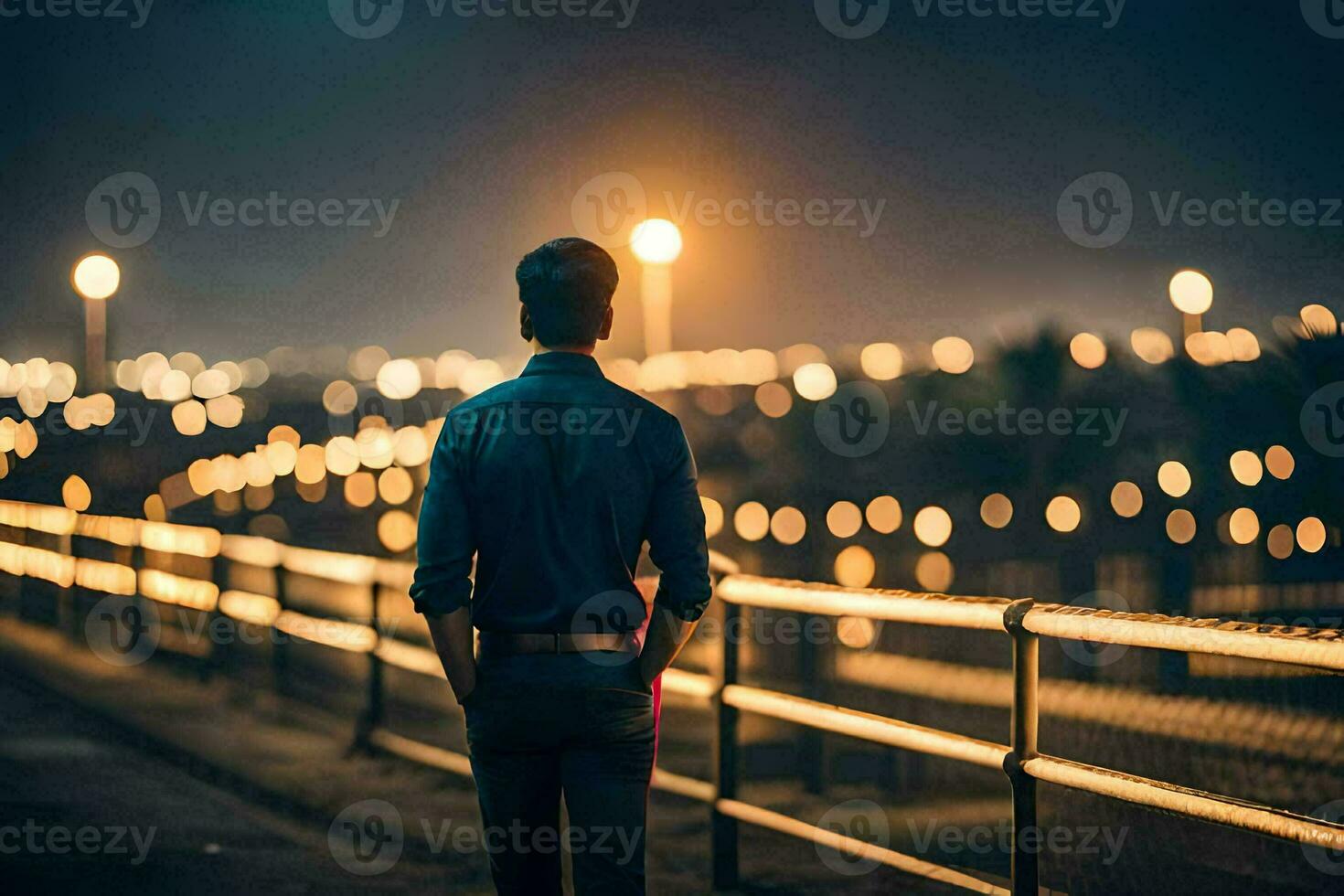 a man standing on a bridge looking at the lights of the city. AI-Generated photo