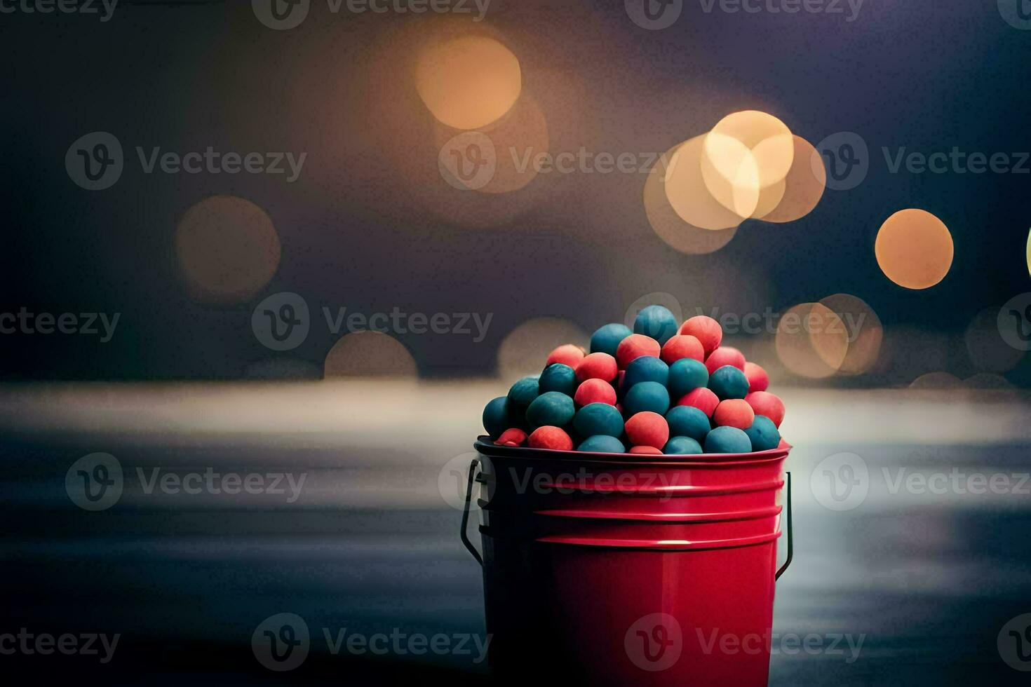 a red bucket filled with blue and red balls. AI-Generated photo