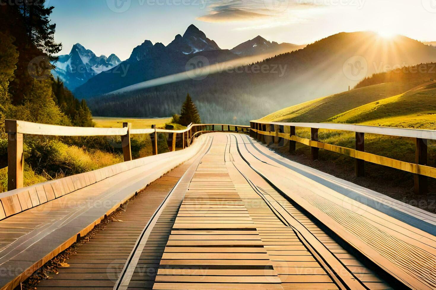 a wooden bridge leads to a mountain range. AI-Generated photo