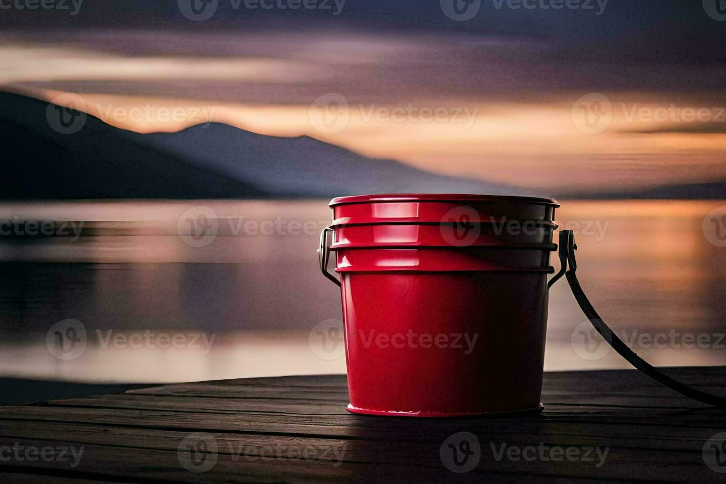 a red bucket sits on a dock at sunset. AI-Generated photo